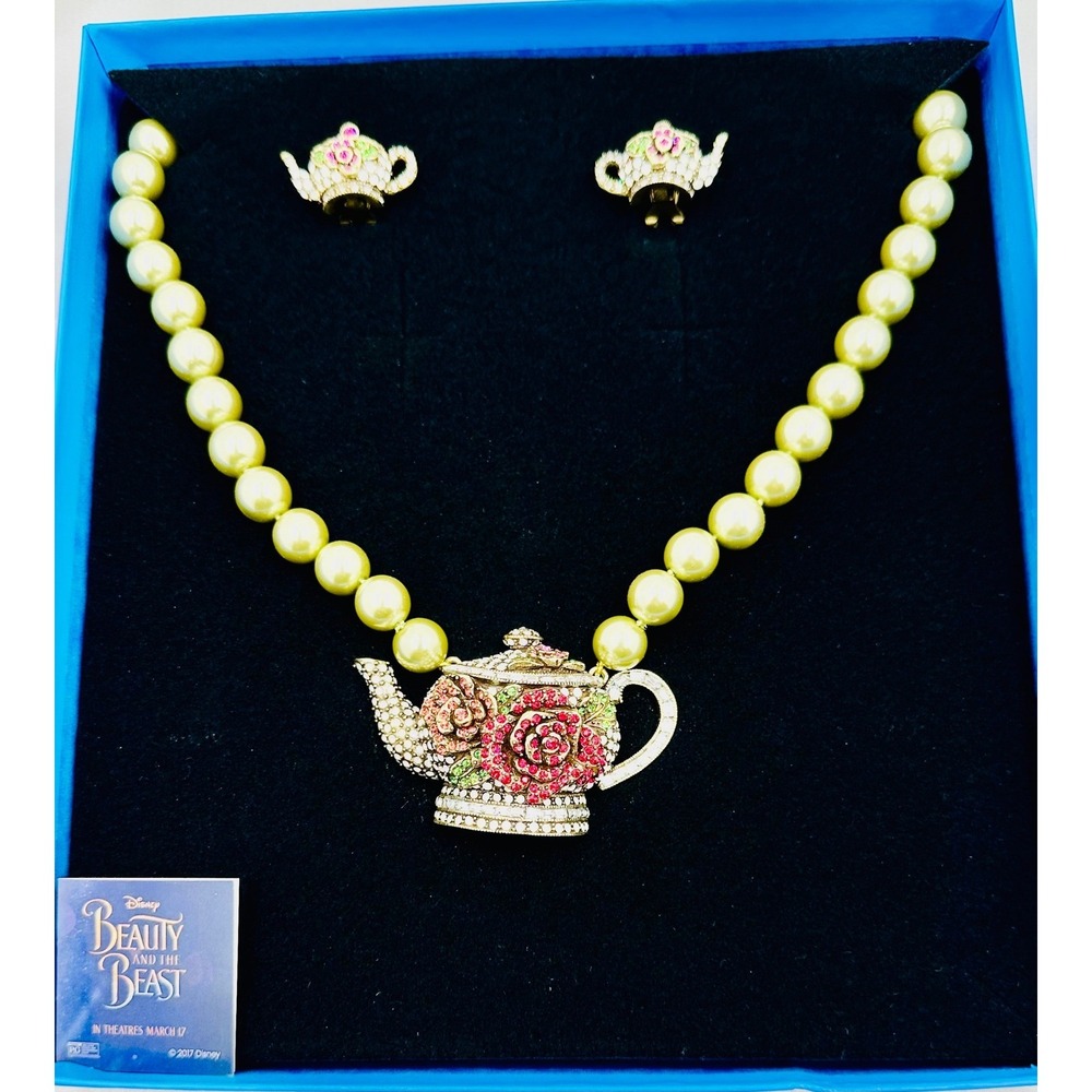 NWT Heidi Daus Disney Beauty and the Beast Teapot Pearl Necklace Earring Set